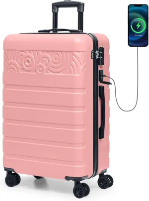 Krute Luggage Suitcase with Spinner Wheels 24-Inch Hardside Checked Luggage with USB Charging Port & TSA Lock Lightweight PC ABS Pink