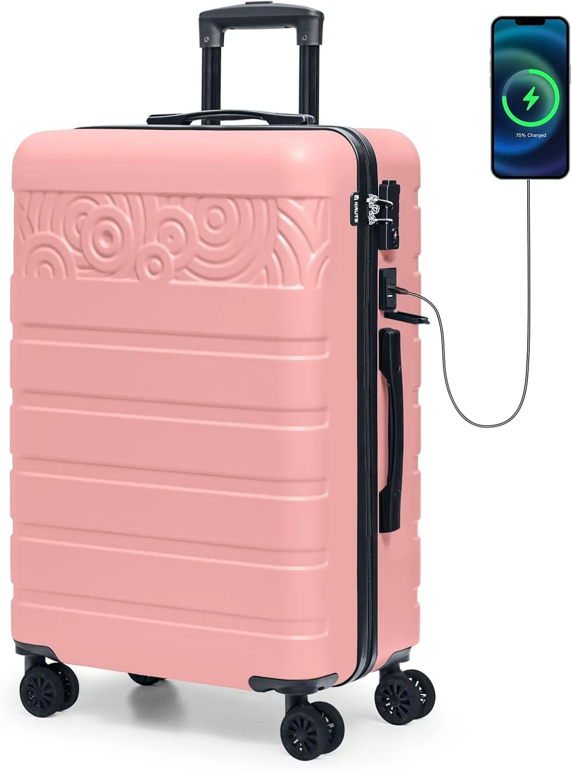 Krute Luggage Suitcase with Spinner Wheels 24-Inch Hardside Checked Luggage with USB Charging Port & TSA Lock Lightweight PC ABS Pink