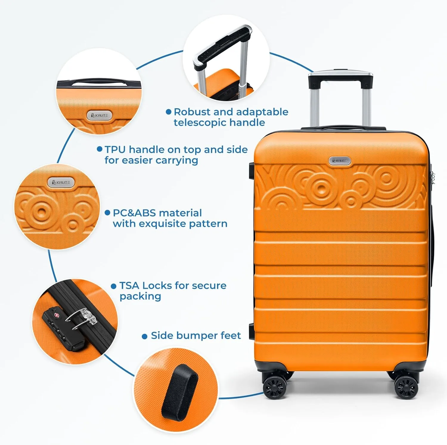 Krute Luggage Suitcases with Wheels 24 Inch Checked Luggage with Spinner Wheels Lightweight PC ABS TSA Lock Hard Shell Luggage Unique Patterns（Orange）