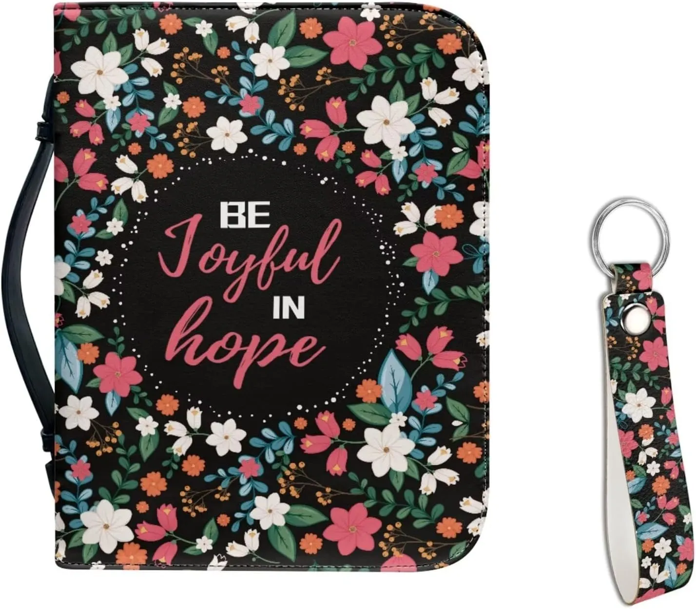 Kuiaobaty 2pcs Set, Leather Bible Cover Matched Leather Keychain, for Women Men, Be Joyful in Hope Print Bible Covers Bible Case with Handle, Bible Bag Journal Case Bible Carrying Holder Handbags