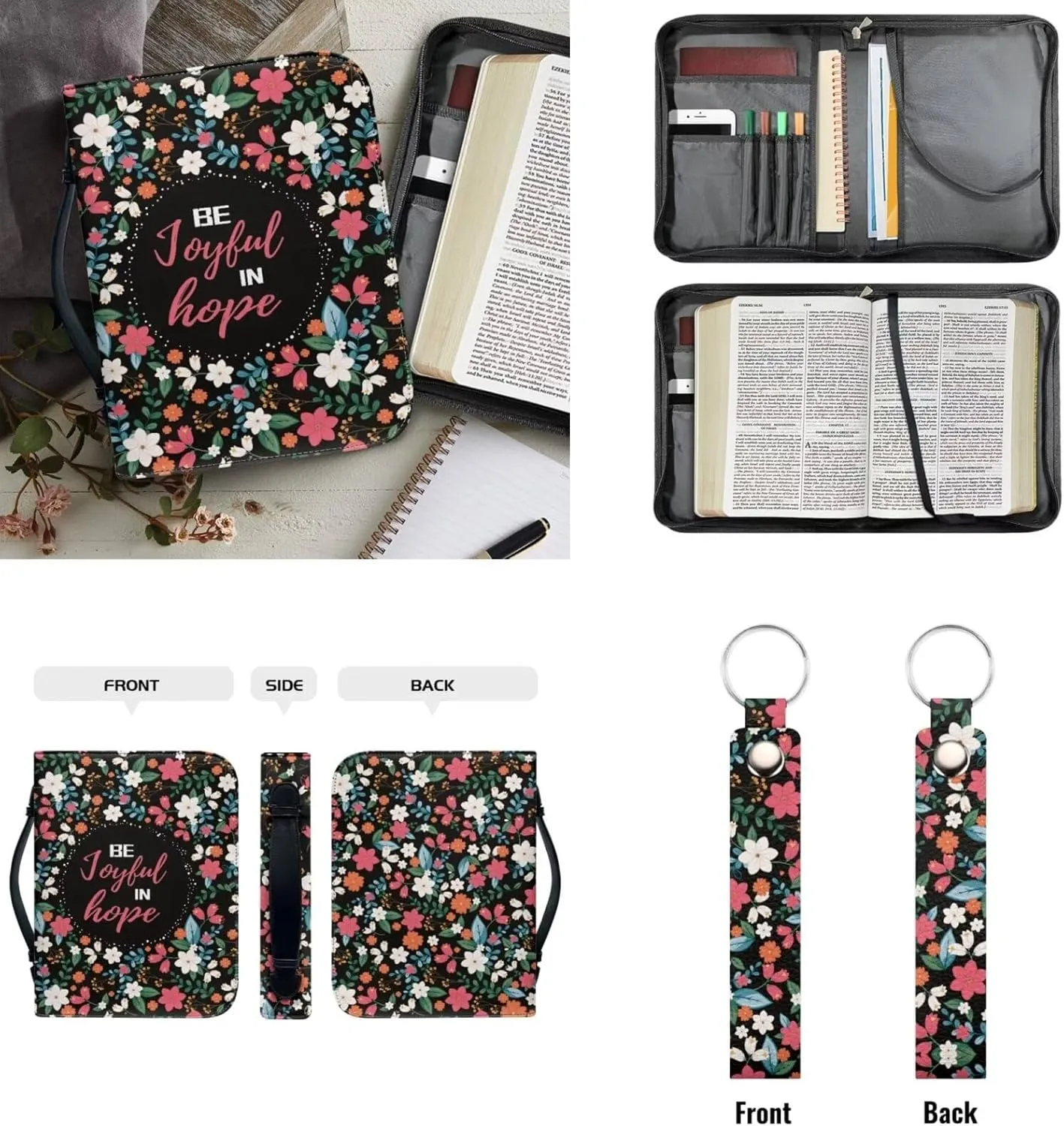 Kuiaobaty 2pcs Set, Leather Bible Cover Matched Leather Keychain, for Women Men, Be Joyful in Hope Print Bible Covers Bible Case with Handle, Bible Bag Journal Case Bible Carrying Holder Handbags