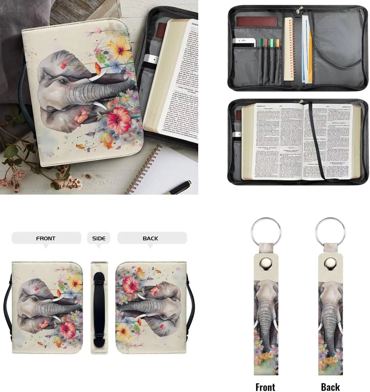 Kuiaobaty Elephant Hibiscus Print Bible Cover Leather Bible Accessories for Men Women Boys Girls Bible Carrying Case Bible Protective Bag Hand Bag Storage Organizer for Church Library Indoor Outdoor