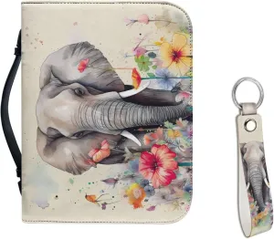 Kuiaobaty Elephant Hibiscus Print Bible Cover Leather Bible Accessories for Men Women Boys Girls Bible Carrying Case Bible Protective Bag Hand Bag Storage Organizer for Church Library Indoor Outdoor