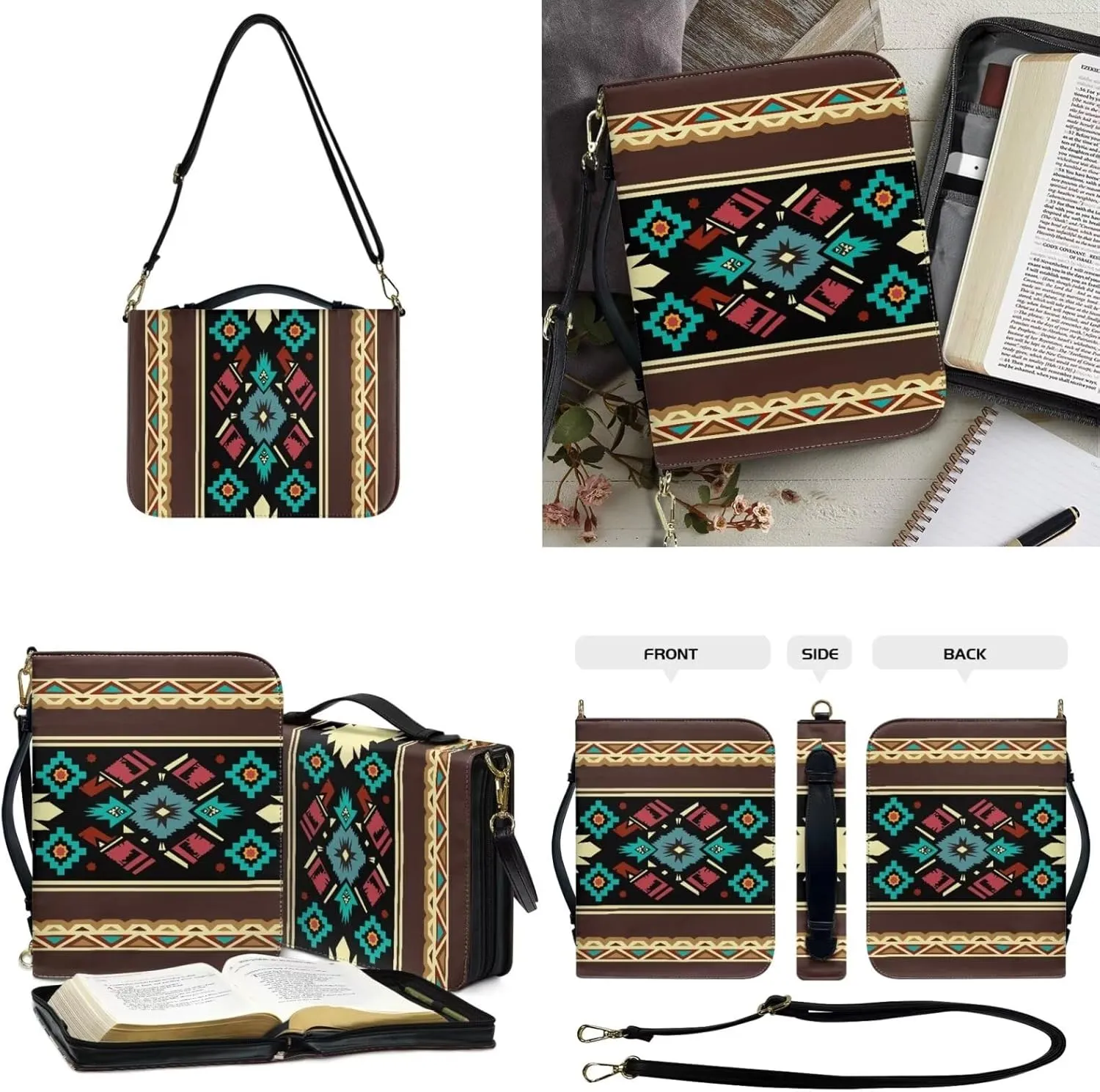 Kuiaobaty Leather Bible Covers for Women Men Bible Case with Shoulder Straps Church Bag with Keychain Size M-2XL