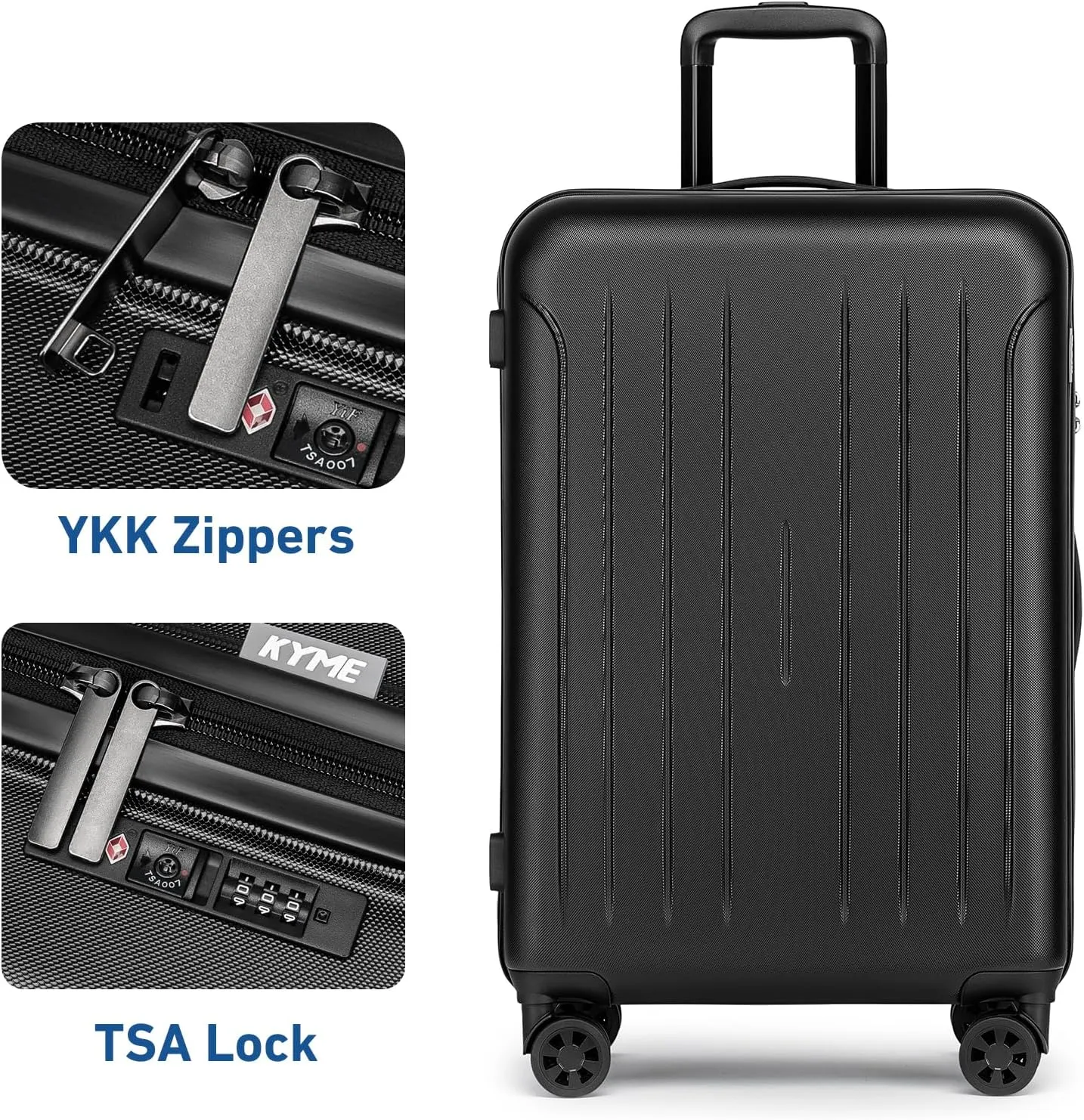KYME 24 Inch Checked Luggage, Medium Hard Shell Suitcase with TSA Lock, Double Spinner Wheels, Durable PC ABS, Black