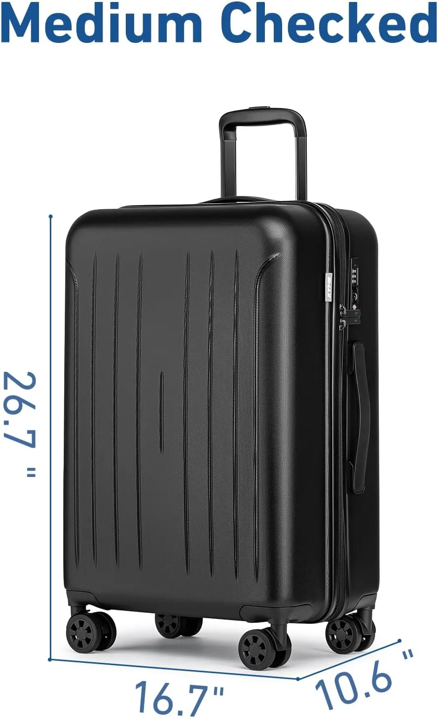 KYME 24 Inch Checked Luggage, Medium Hard Shell Suitcase with TSA Lock, Double Spinner Wheels, Durable PC ABS, Black