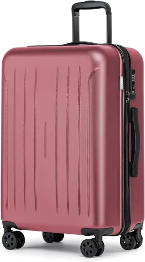 KYME 24 Inch Checked Luggage, Medium Hard Shell Suitcase with TSA Lock, Double Spinner Wheels, Durable PC ABS, Dark Red