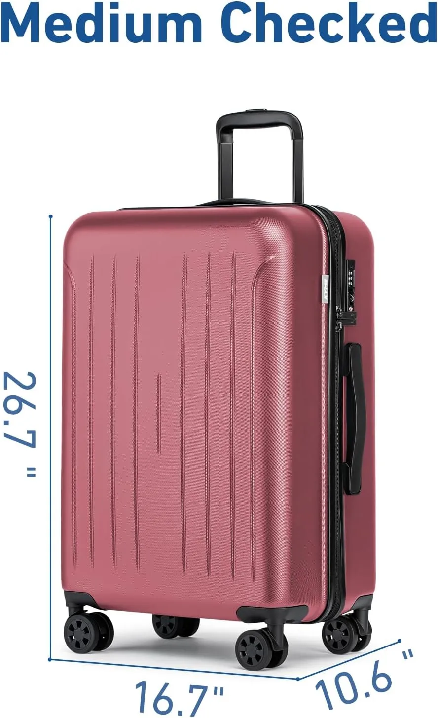 KYME 24 Inch Checked Luggage, Medium Hard Shell Suitcase with TSA Lock, Double Spinner Wheels, Durable PC ABS, Dark Red