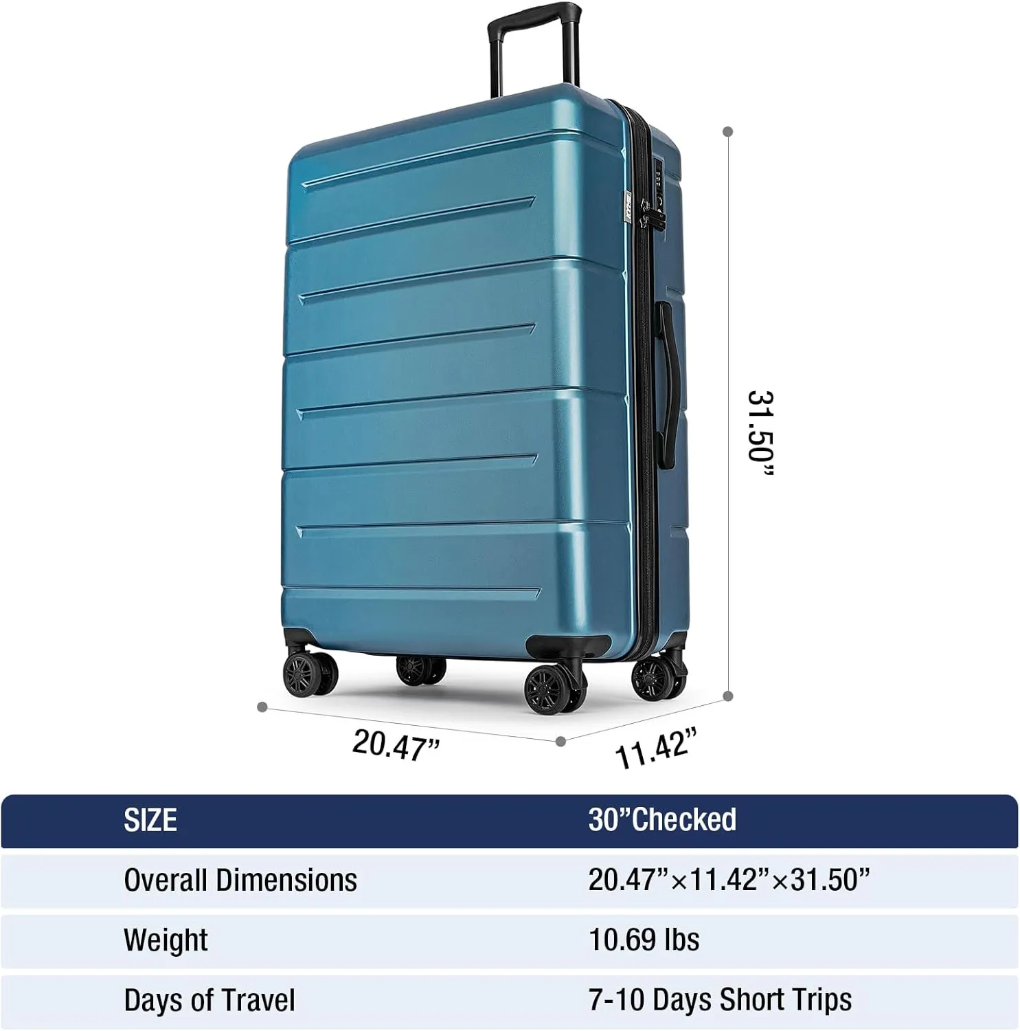 KYME 30 Inch Luggage TSA Approved Hardside Suitcases with Spinner Wheels Durable Large Travel Checked Rolling Luggage with Cup Holder for Women Men Light Blue