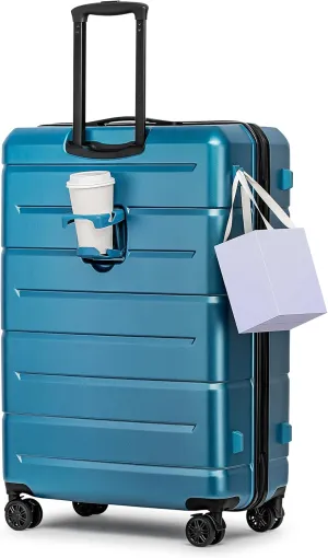 KYME 30 Inch Luggage TSA Approved Hardside Suitcases with Spinner Wheels Durable Large Travel Checked Rolling Luggage with Cup Holder for Women Men Light Blue