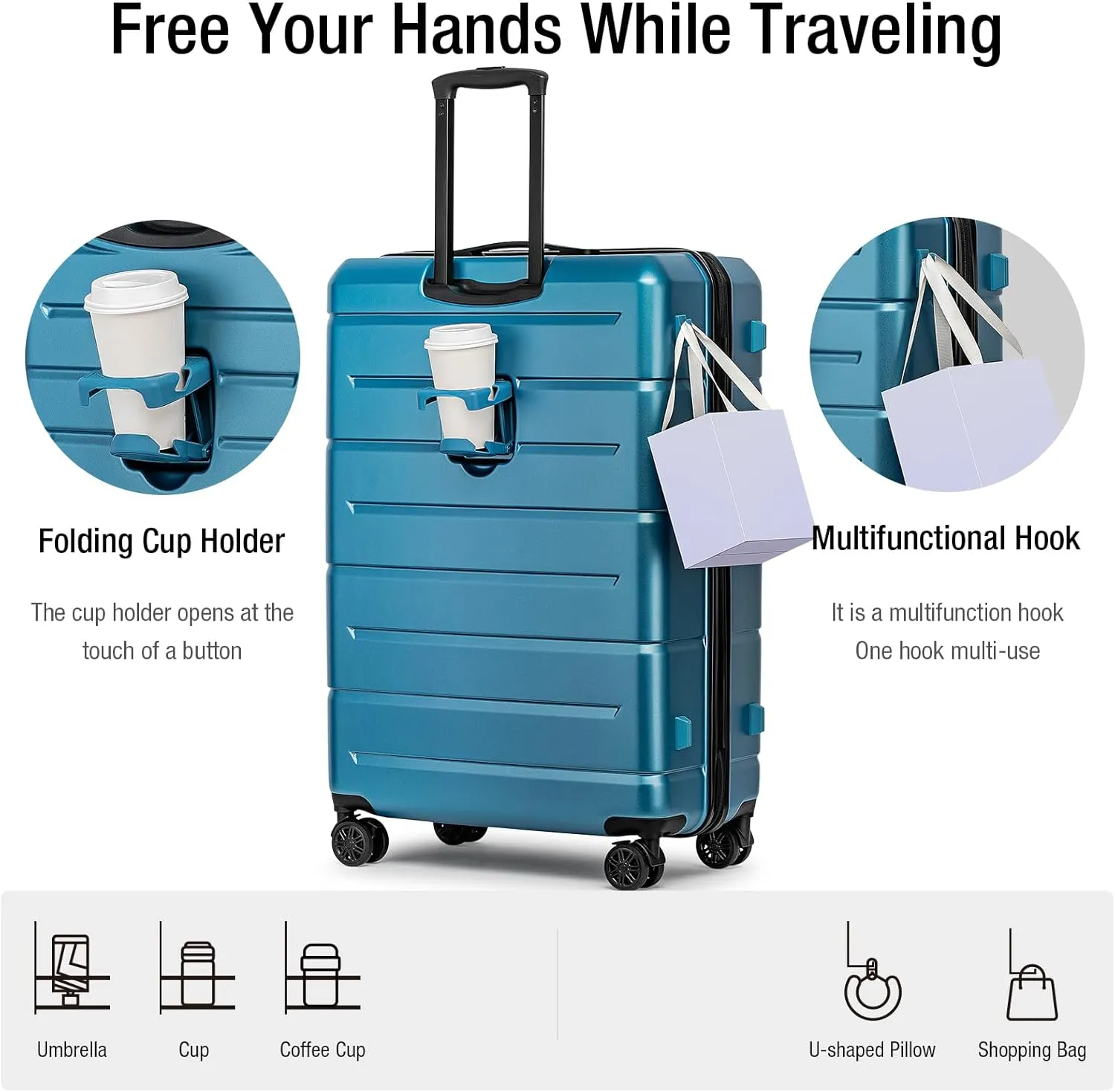KYME 30 Inch Luggage TSA Approved Hardside Suitcases with Spinner Wheels Durable Large Travel Checked Rolling Luggage with Cup Holder for Women Men Light Blue