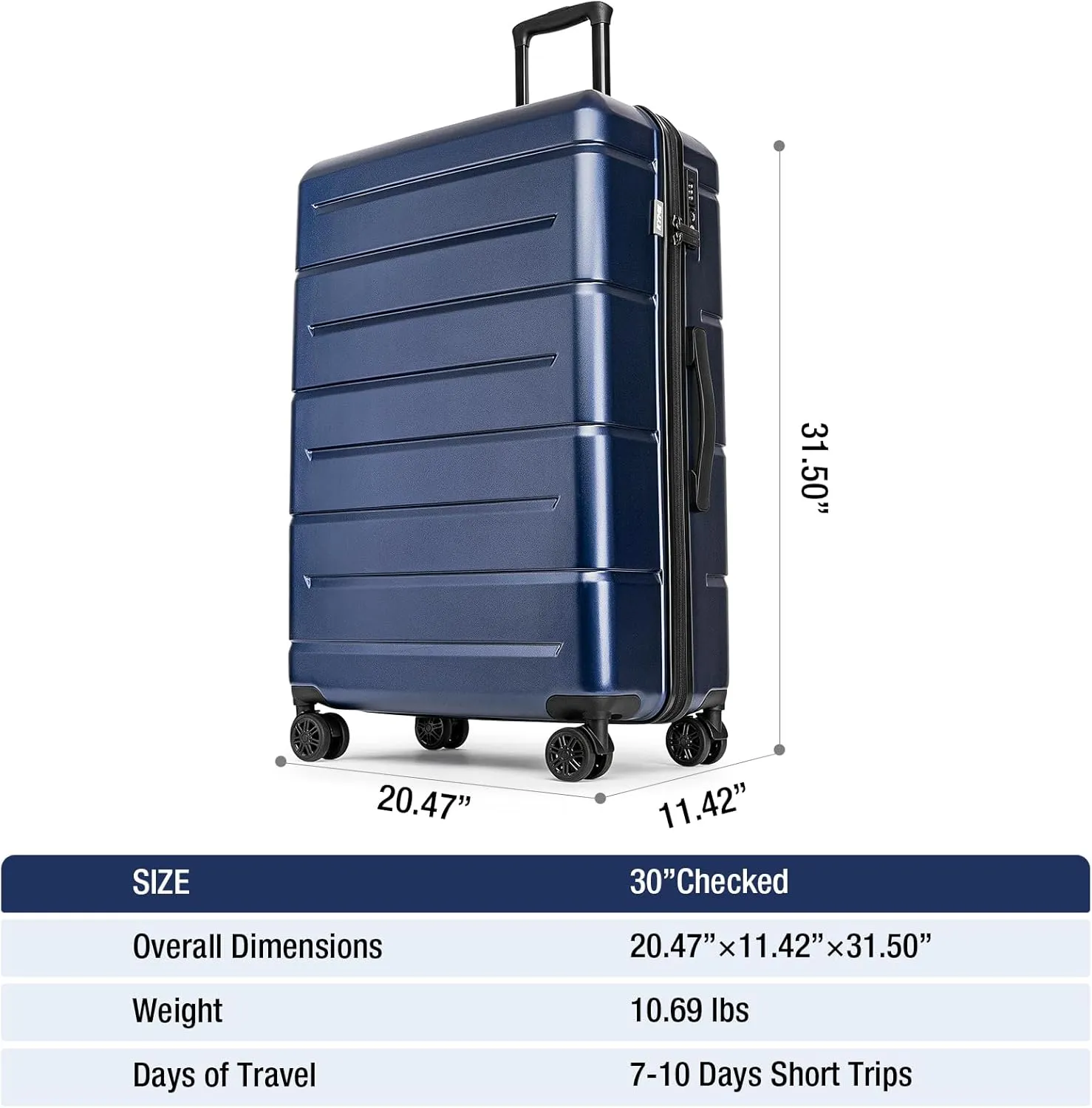 KYME 30 Inch Luggage TSA Approved Hardside Suitcases with Spinner Wheels Durable Large Travel Checked Rolling Luggage with Cup Holder for Women Men Navy