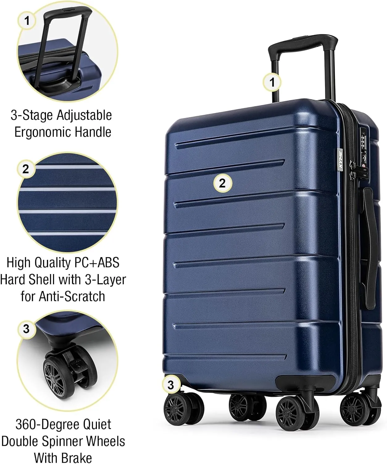KYME 30 Inch Luggage TSA Approved Hardside Suitcases with Spinner Wheels Durable Large Travel Checked Rolling Luggage with Cup Holder for Women Men Navy