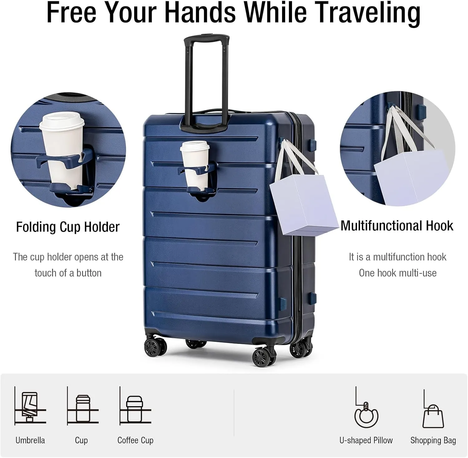 KYME 30 Inch Luggage TSA Approved Hardside Suitcases with Spinner Wheels Durable Large Travel Checked Rolling Luggage with Cup Holder for Women Men Navy