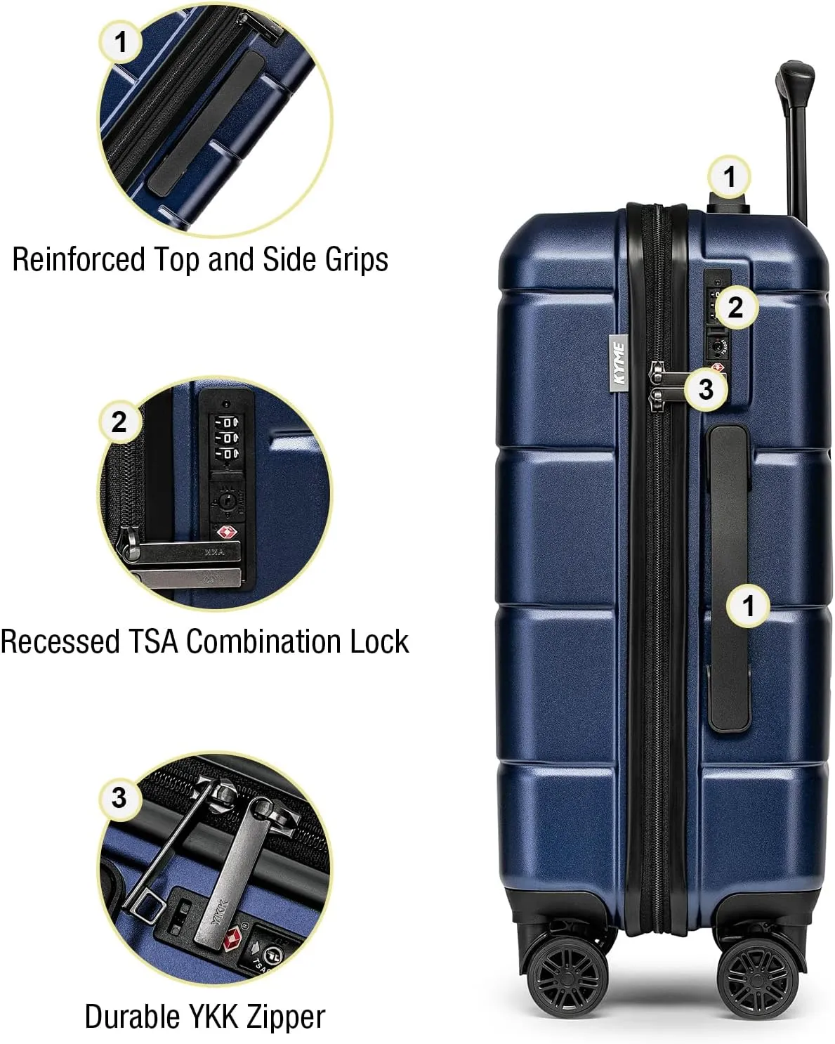 KYME 30 Inch Luggage TSA Approved Hardside Suitcases with Spinner Wheels Durable Large Travel Checked Rolling Luggage with Cup Holder for Women Men Navy