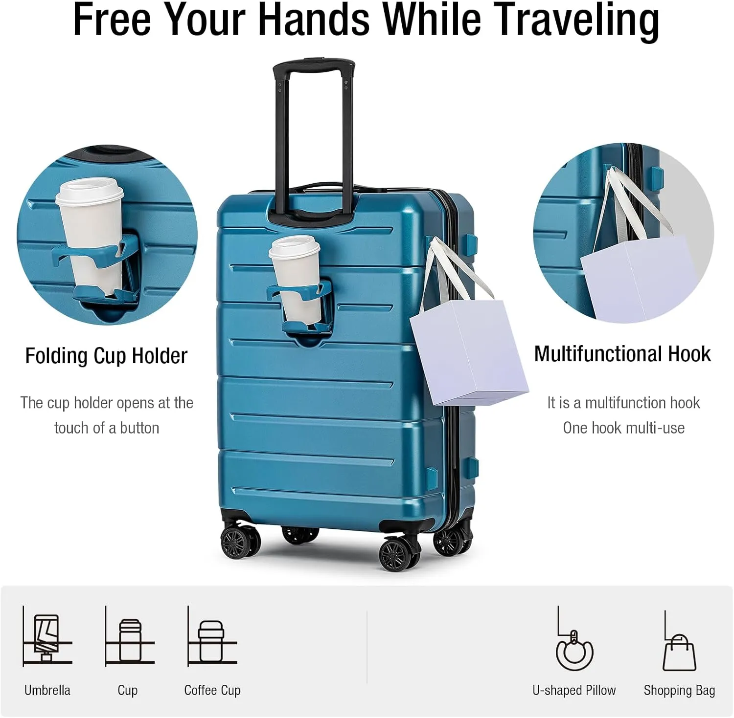KYME Luggage Sets 2 Piece Hardshell 22"/26" Suitcase with Spinner Wheels Hardside Suitcases Sets with TSA Lock Lightweight Travel Luggage Set with Cup Holder for Women Men Blue