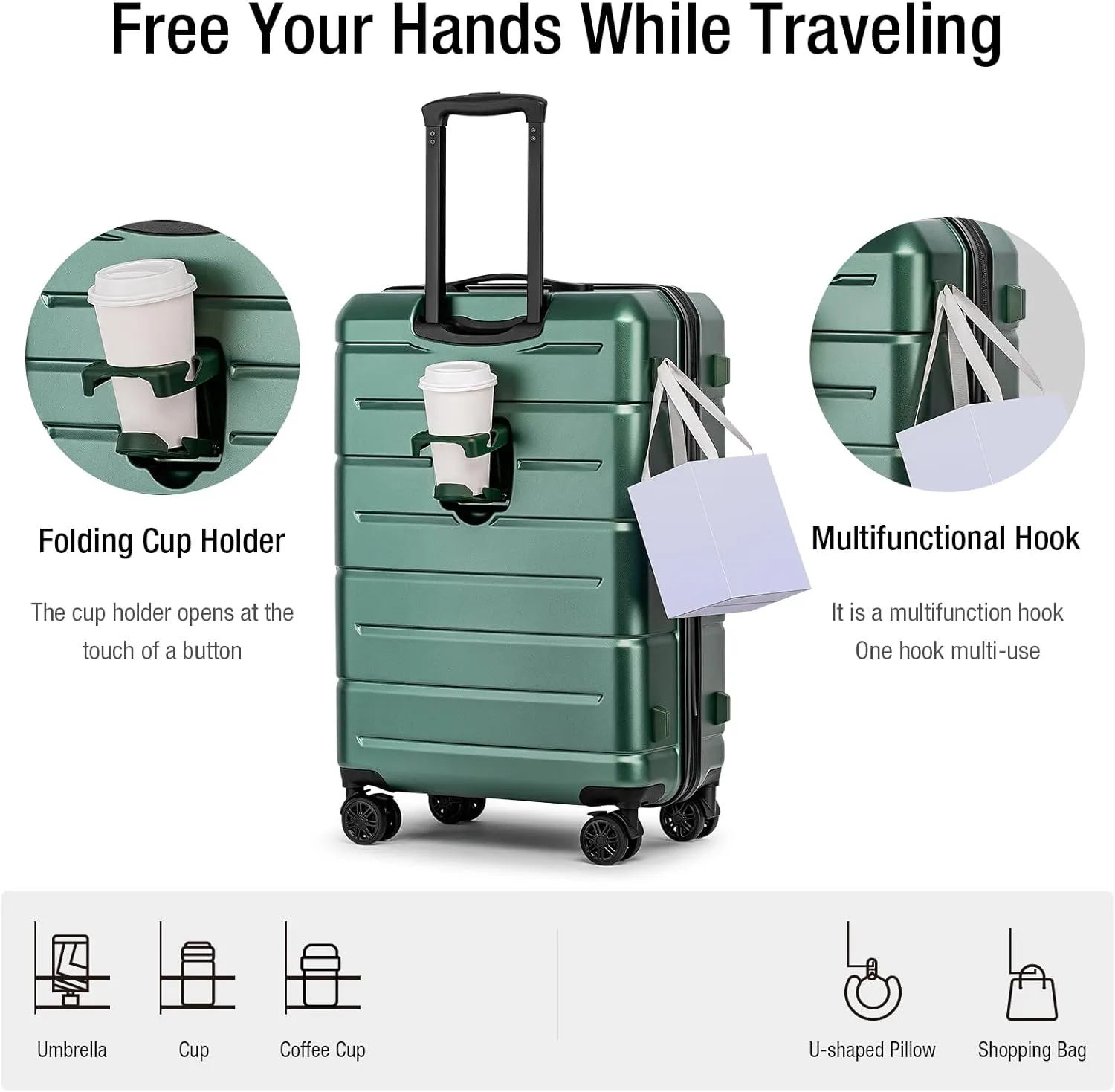 KYME Luggage Sets 2 Piece Hardshell 22"/26" Suitcase with Spinner Wheels Hardside Suitcases Sets with TSA Lock Lightweight Travel Luggage Set with Cup Holder for Women Men Green