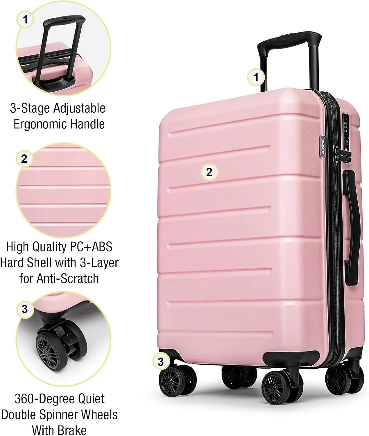KYME Luggage Sets 2 Piece Hardshell 22"/26" Suitcase with Spinner Wheels Hardside Suitcases Sets with TSA Lock Lightweight Travel Luggage Set with Cup Holder for Women Pink