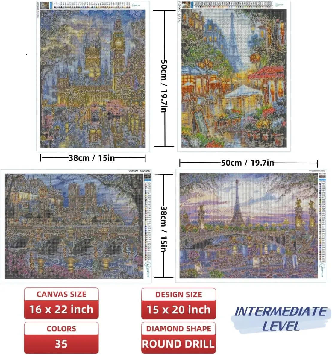 LANDFAIR Diamond Painting Kits - 15x20 inch Round Full Drill Cities&Skylines Series Diamond Art Kits for Adults, Pack of 4