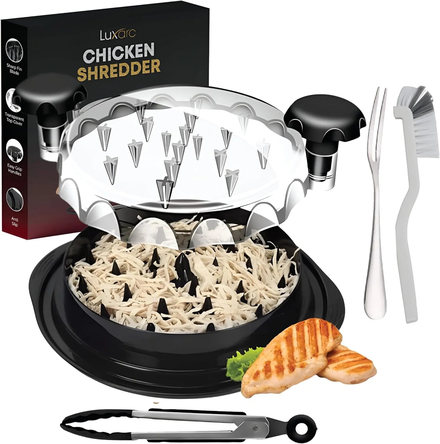 Large Chicken Shredder Tool Twist with Cleaning Brush, Tong, & Fork -11" Upgraded Food & Meat Shredded Tool Twister - Chicken Breast Shredder Strong Anti-Slip Grip, Ergonomic Handle, BPA Free (Black)