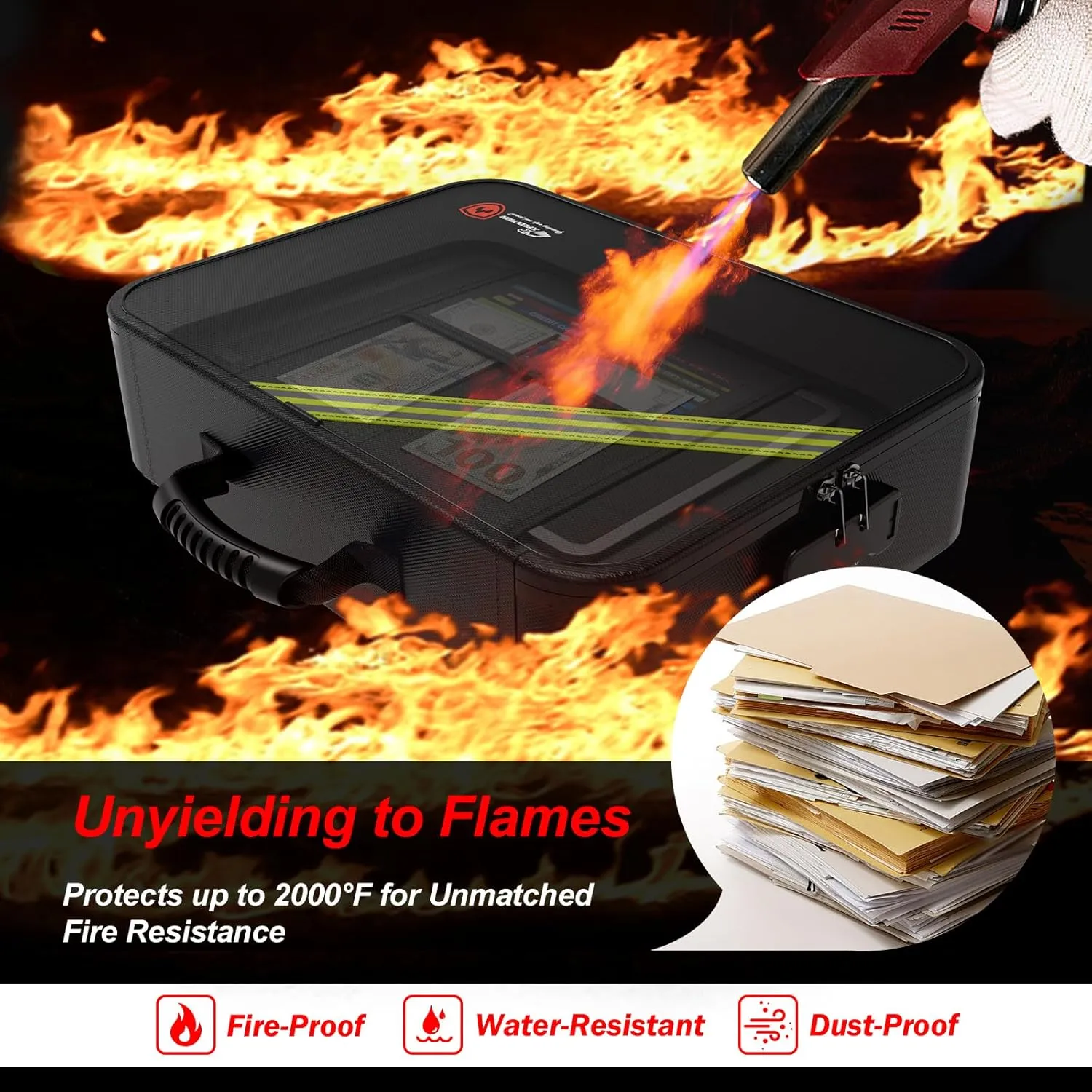 Large Fireproof Document Box with Lock,Upgraded Waterproof Fireproof Document Bag,Important Document Organizer Binder Hard Case Safe,5200℉ Fire proof File Box,Portable for Business Travel Home