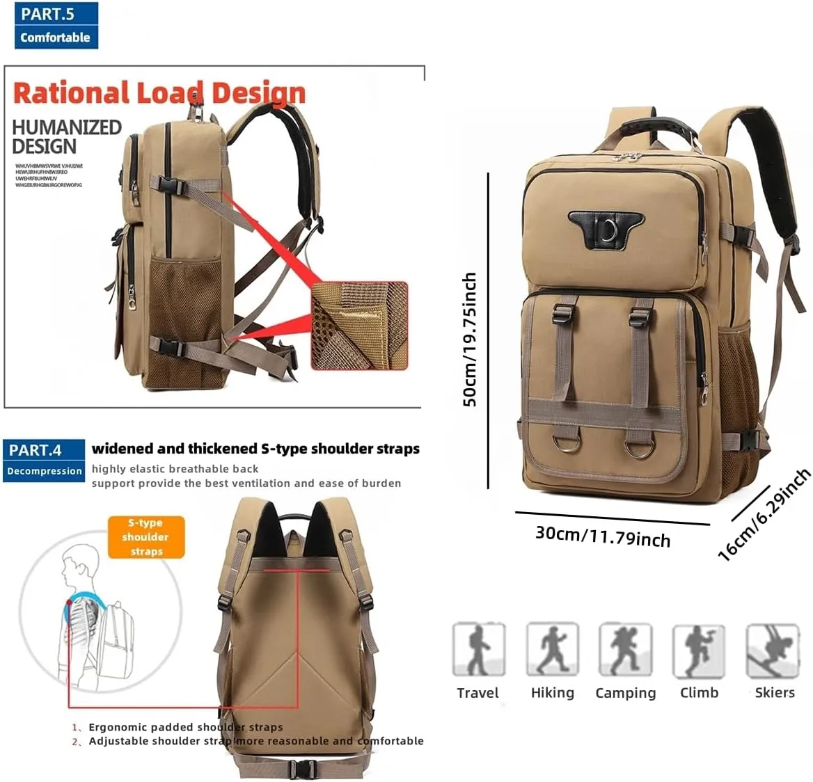Large Travel Backpack Carry,Camping Hiking Backpack,Water Resistant Outdoor Daypack Travel Bag for Climbing Skiing (Khaki)
