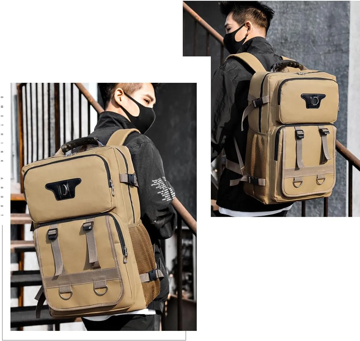 Large Travel Backpack Carry,Camping Hiking Backpack,Water Resistant Outdoor Daypack Travel Bag for Climbing Skiing (Khaki)