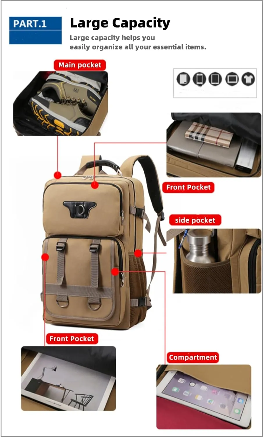 Large Travel Backpack Carry,Camping Hiking Backpack,Water Resistant Outdoor Daypack Travel Bag for Climbing Skiing (Khaki)