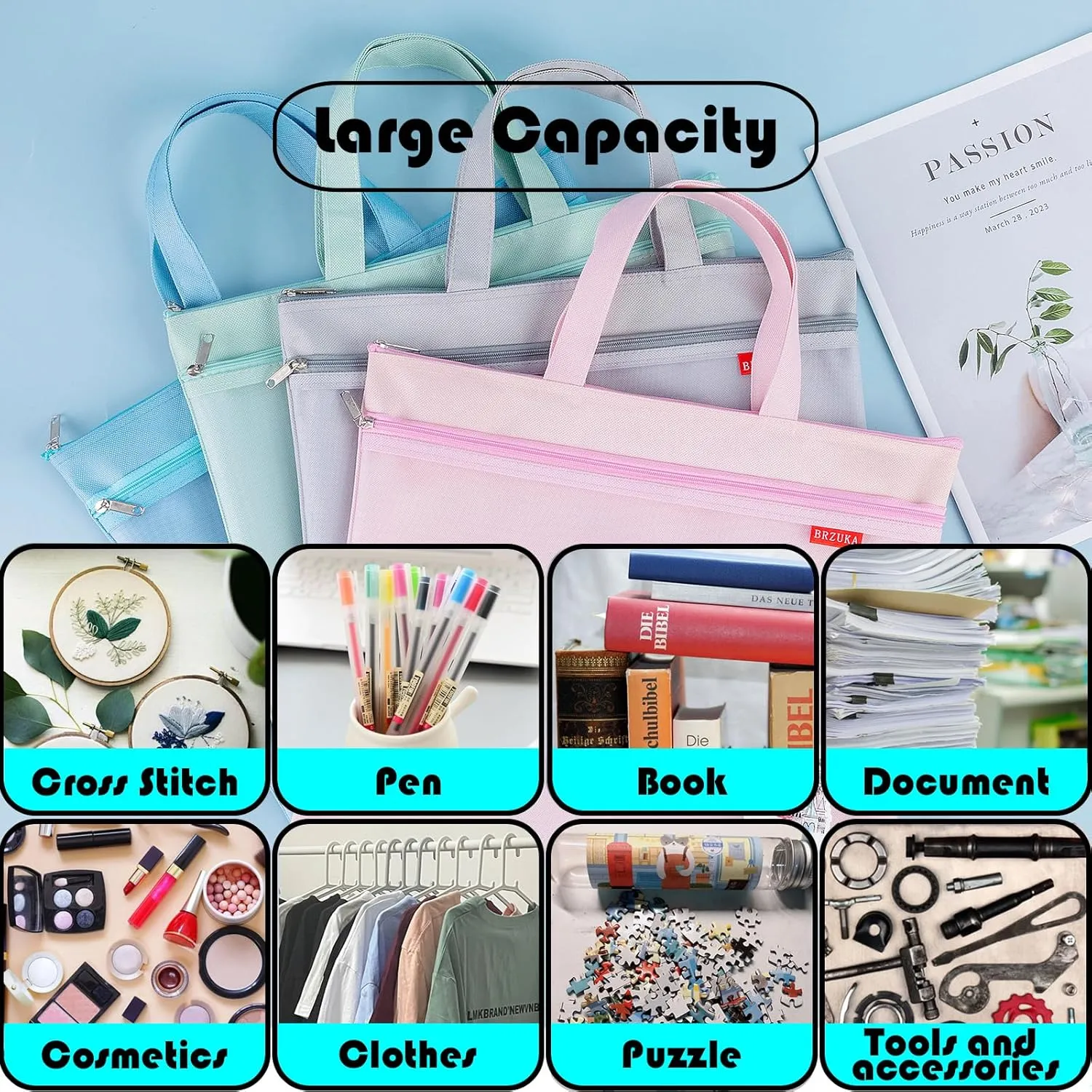Large Zipper Pouch 11x13.7 in, 4pcs A4 Double Pocket Waterproof File Bag with Handle Minimalist Version, Document Storage for School/Travel/Office/Puzzle
