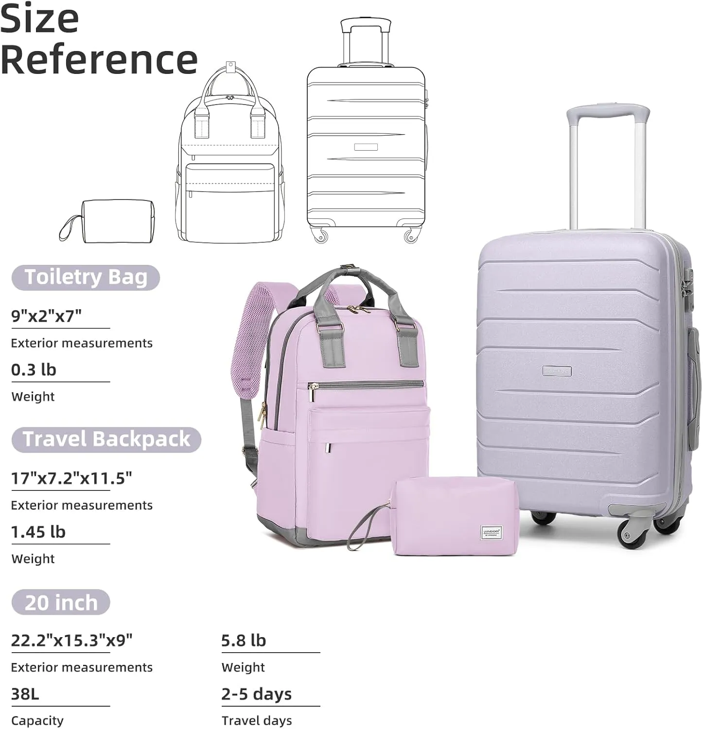 LARVENDER 3-Piece Carry On Luggage for Women,Hard Shell Suitcase 20Inch Carry On Luggage 22x14x9 Airline Approved, Spinner Wheel and TSA Lock（Lavender 20Inch/BP/TB）