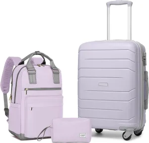 LARVENDER 3-Piece Carry On Luggage for Women,Hard Shell Suitcase 20Inch Carry On Luggage 22x14x9 Airline Approved, Spinner Wheel and TSA Lock（Lavender 20Inch/BP/TB）