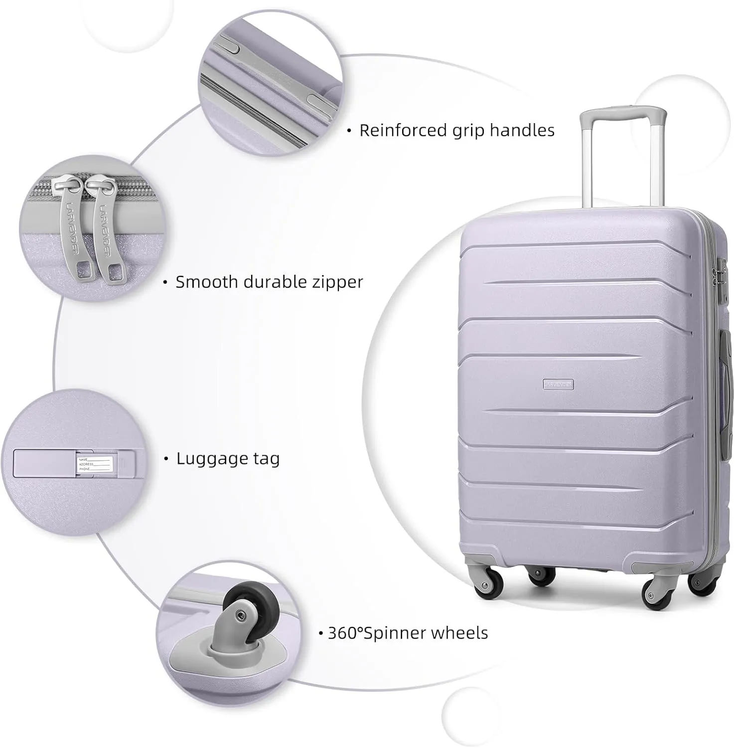 LARVENDER 3-Piece Carry On Luggage for Women,Hard Shell Suitcase 20Inch Carry On Luggage 22x14x9 Airline Approved, Spinner Wheel and TSA Lock（Lavender 20Inch/BP/TB）