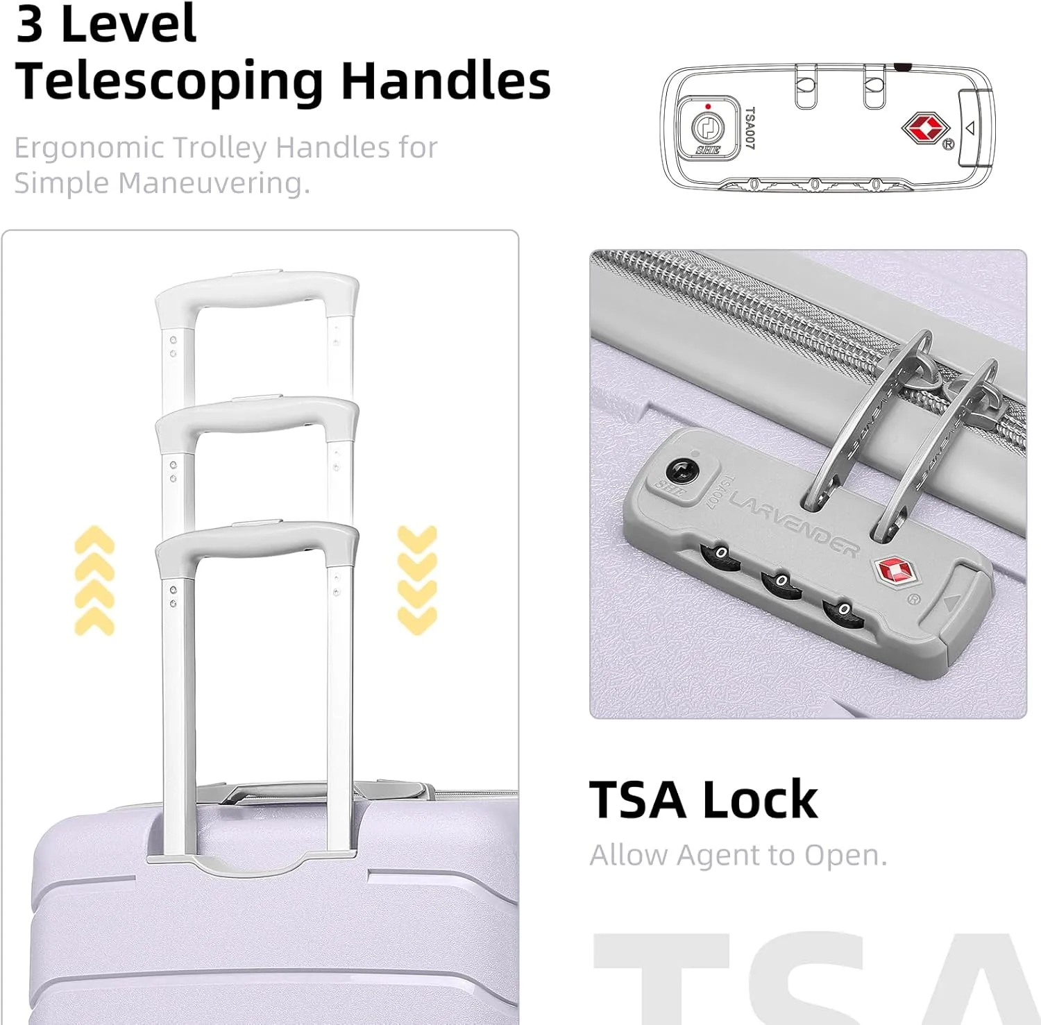 LARVENDER 3-Piece Carry On Luggage for Women,Hard Shell Suitcase 20Inch Carry On Luggage 22x14x9 Airline Approved, Spinner Wheel and TSA Lock（Lavender 20Inch/BP/TB）