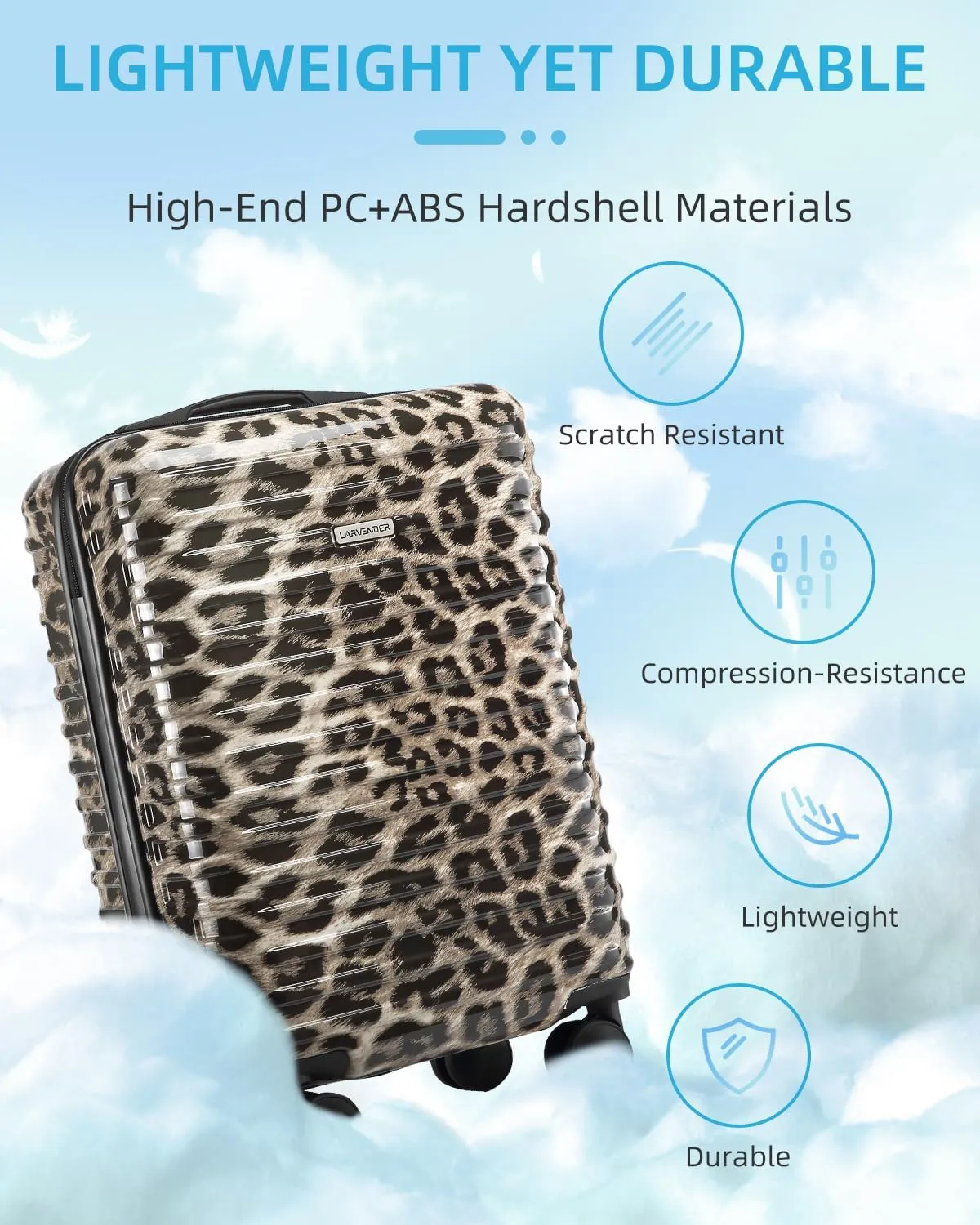 LARVENDER Carry on Luggage 22x14x9 Airline Approved, 20 Inch Hardside Suitcase with Wheels TSA Lock, PC ABS Lightweight Carry on Suitcases for Women, Cheetah Print (20/DB/TB)