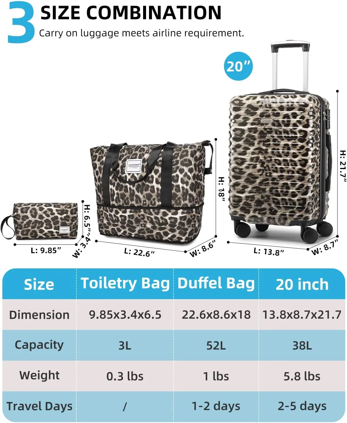 LARVENDER Carry on Luggage 22x14x9 Airline Approved, 20 Inch Hardside Suitcase with Wheels TSA Lock, PC ABS Lightweight Carry on Suitcases for Women, Cheetah Print (20/DB/TB)