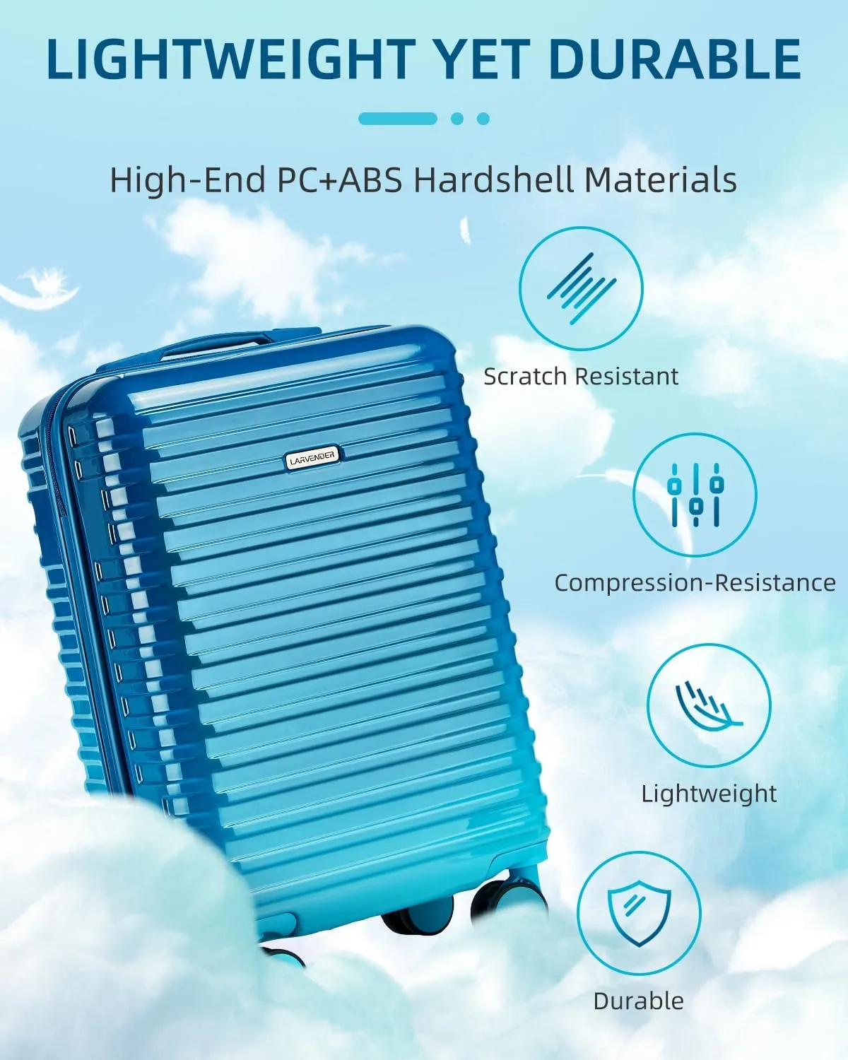 LARVENDER Carry on Luggage 22x14x9 Airline Approved, 20 Inch Hardside Suitcase with Wheels TSA Lock, PC ABS Lightweight Carry on Suitcases for Women, Ocean Breeze (20/DB/TB)