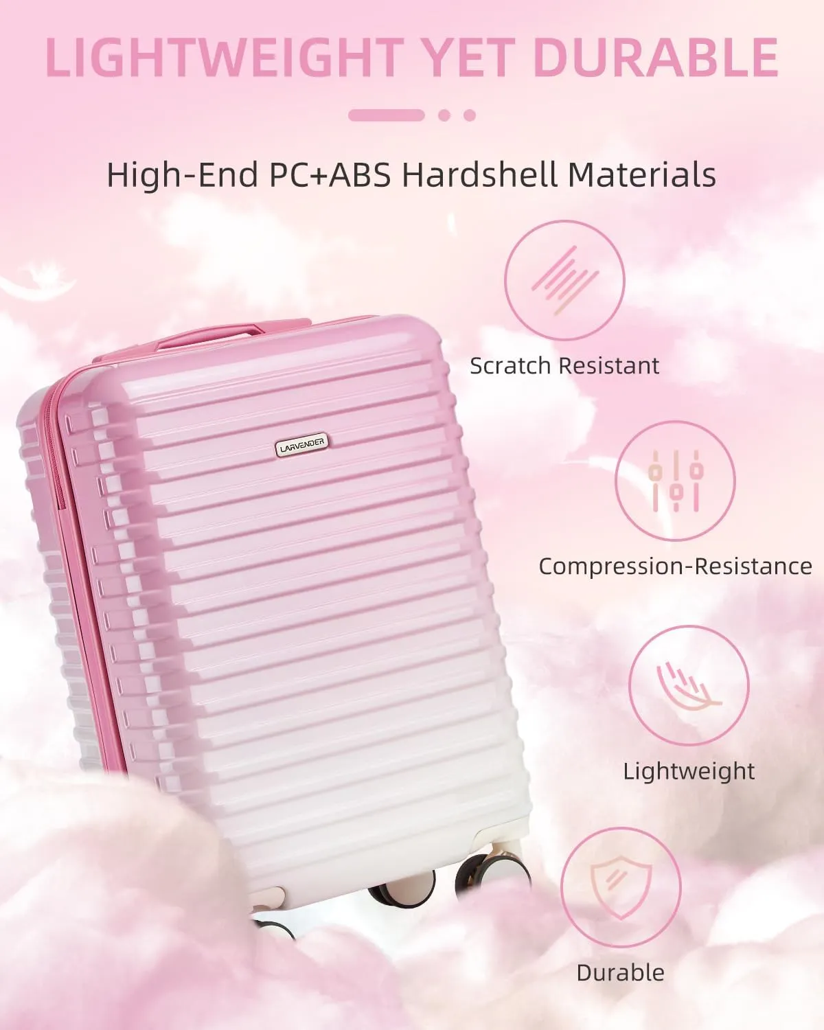 LARVENDER Carry on Luggage 22x14x9 Airline Approved, 20 Inch Hardside Suitcase with Wheels TSA Lock, PC ABS Lightweight Carry on Suitcases for Women, Peach Sparkling (20/DB/TB)