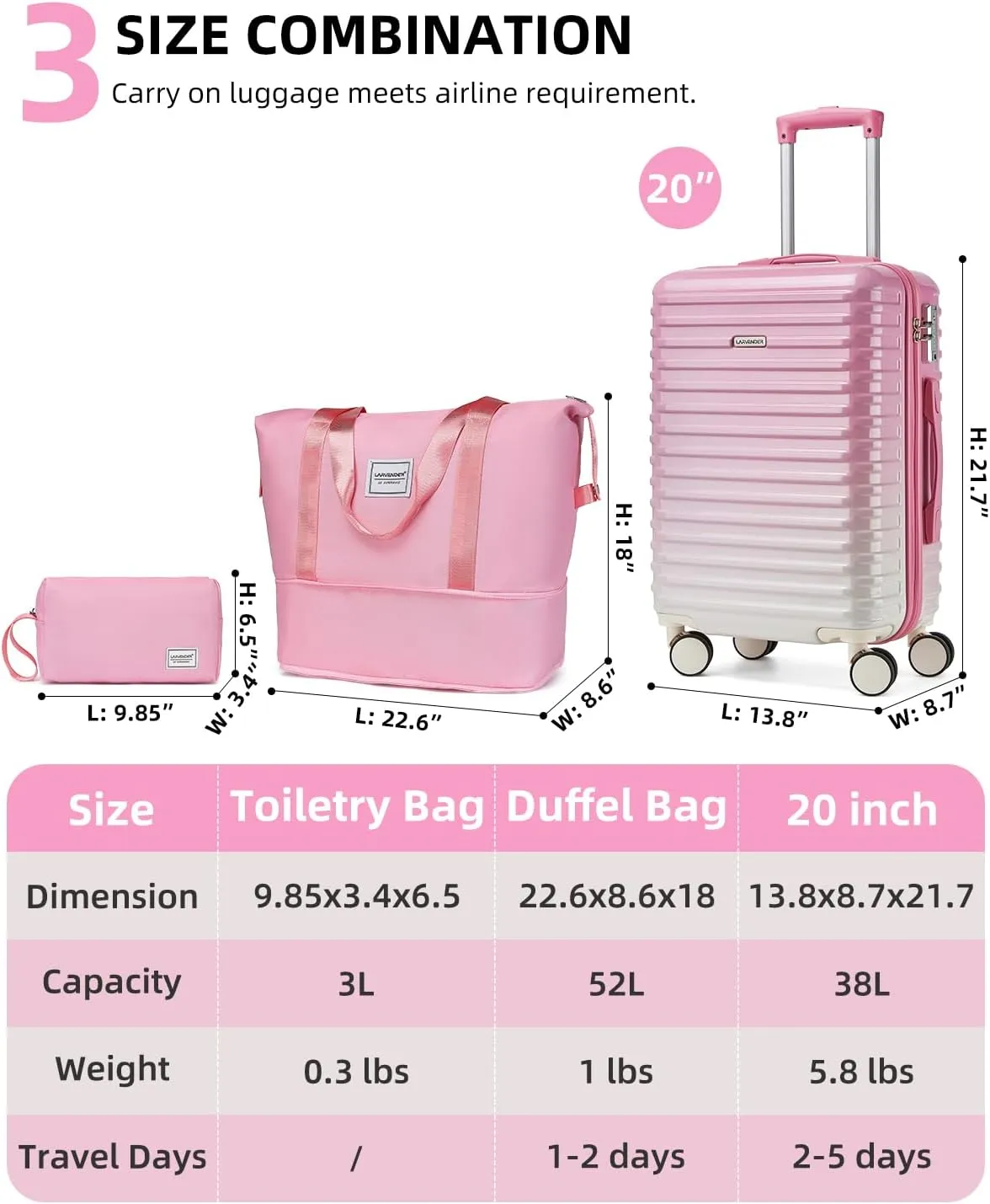 LARVENDER Carry on Luggage 22x14x9 Airline Approved, 20 Inch Hardside Suitcase with Wheels TSA Lock, PC ABS Lightweight Carry on Suitcases for Women, Peach Sparkling (20/DB/TB)