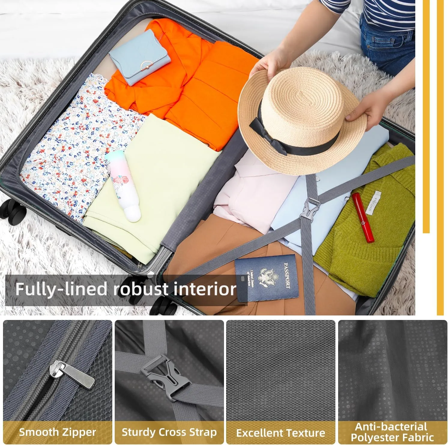 LARVENDER Luggage Sets 3 Piece with Duffel Bag Hardside PP Carry On Suitcase with 360° Spinner Wheels TSA Lock Luggage Sets for Men, Grey
