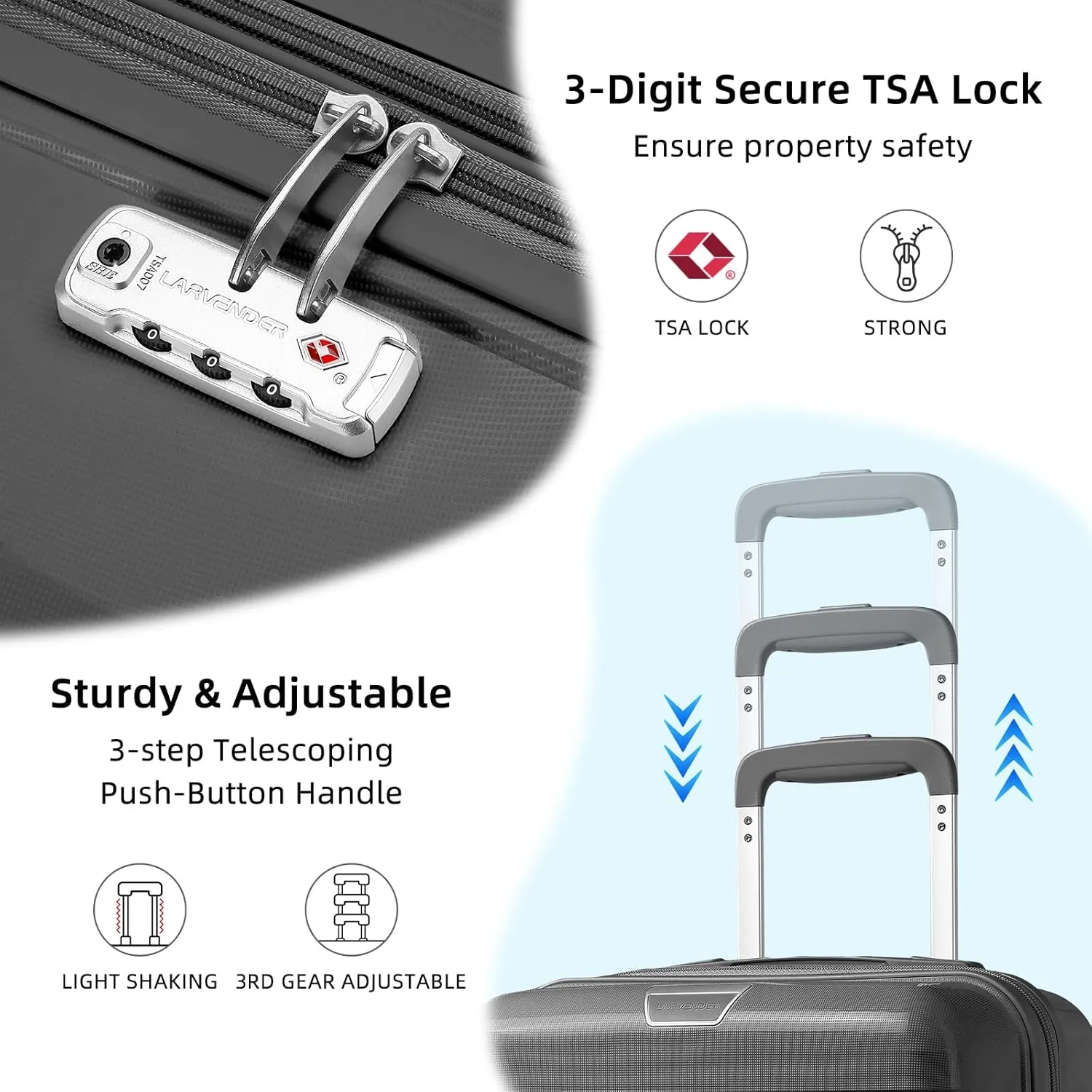 LARVENDER Luggage Sets 3 Piece with Duffel Bag Hardside PP Carry On Suitcase with 360° Spinner Wheels TSA Lock Luggage Sets for Men, Grey