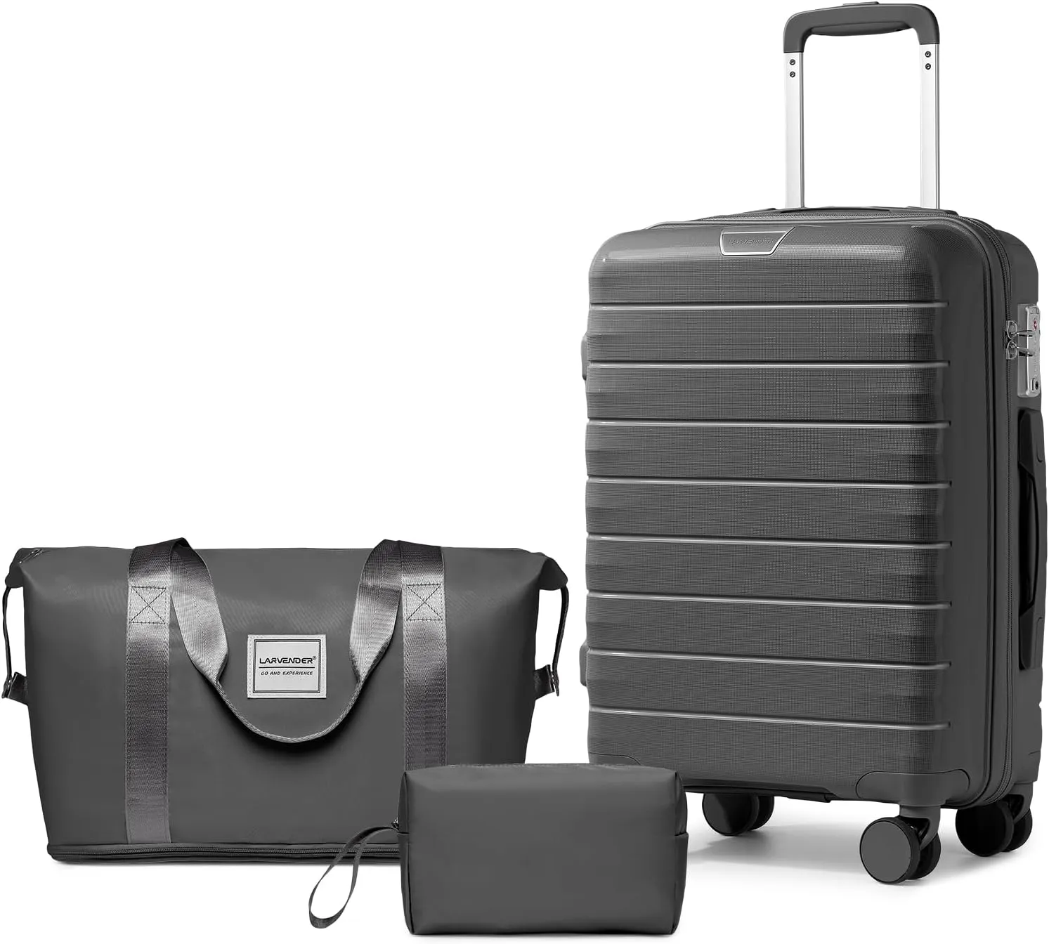 LARVENDER Luggage Sets 3 Piece with Duffel Bag Hardside PP Carry On Suitcase with 360° Spinner Wheels TSA Lock Luggage Sets for Men, Grey