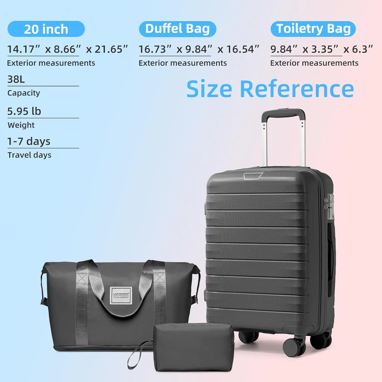 LARVENDER Luggage Sets 3 Piece with Duffel Bag Hardside PP Carry On Suitcase with 360° Spinner Wheels TSA Lock Luggage Sets for Men, Grey