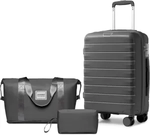 LARVENDER Luggage Sets 3 Piece with Duffel Bag Hardside PP Carry On Suitcase with 360° Spinner Wheels TSA Lock Luggage Sets for Men, Grey