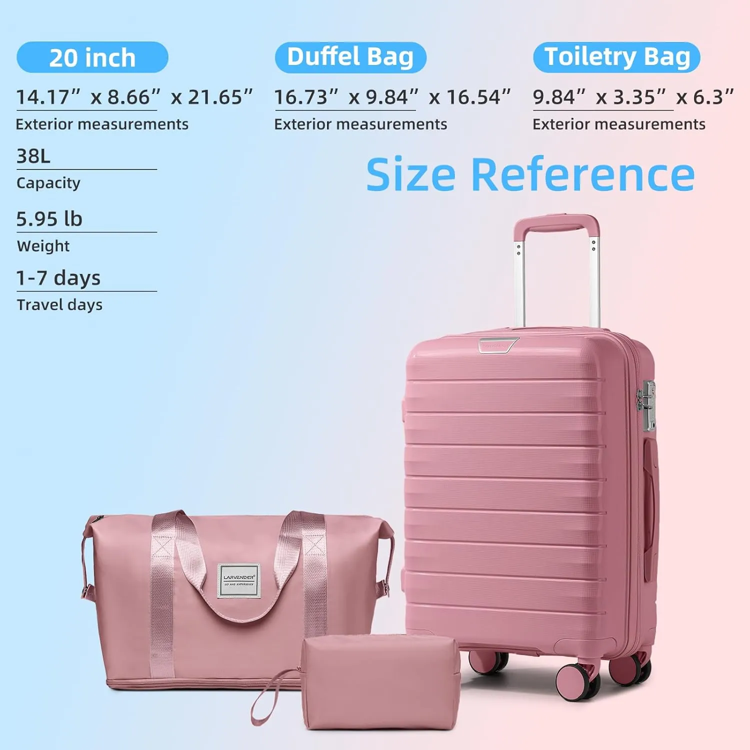 LARVENDER Luggage Sets 3 Piece with Duffel Bag Hardside PP Carry On Suitcase with 360° Spinner Wheels TSA Lock Luggage Sets for Women, Pink