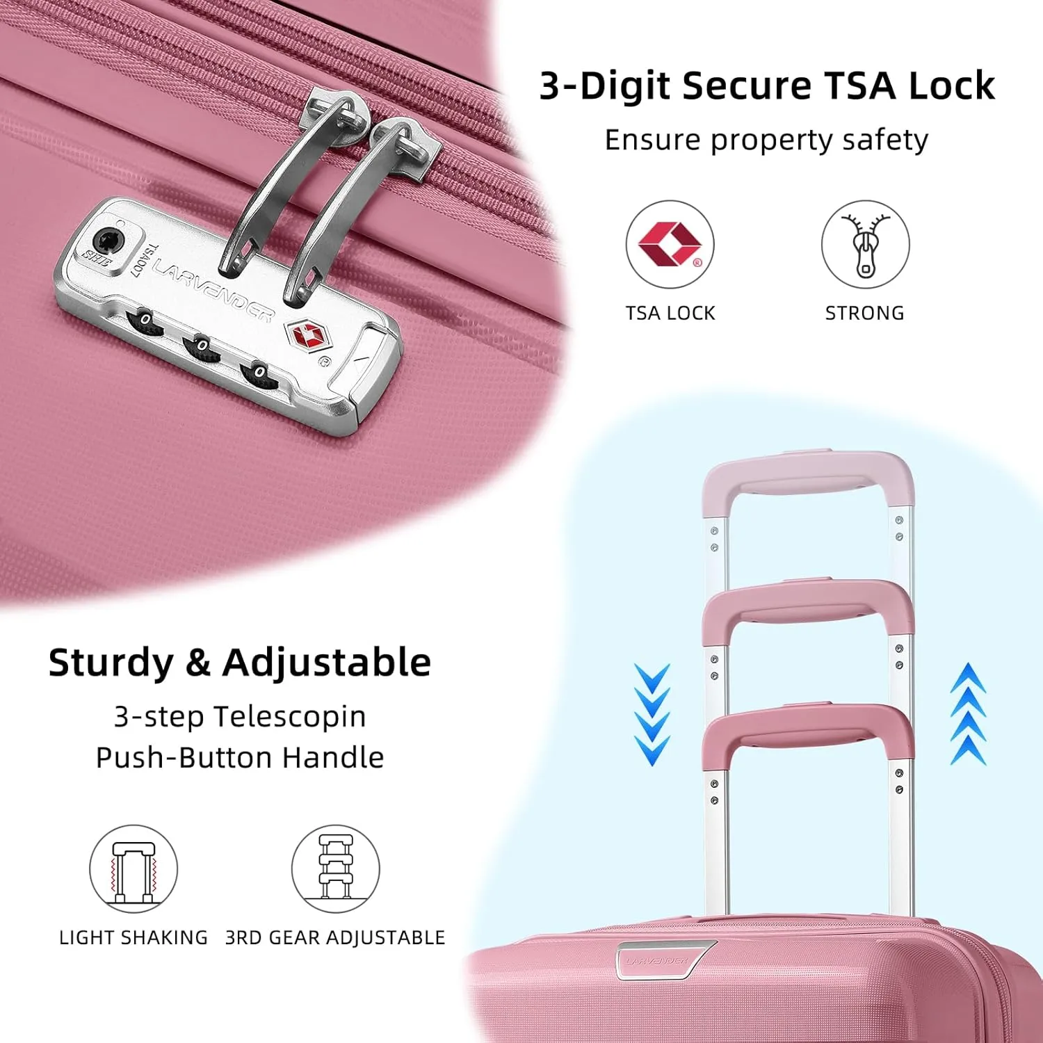 LARVENDER Luggage Sets 3 Piece with Duffel Bag Hardside PP Carry On Suitcase with 360° Spinner Wheels TSA Lock Luggage Sets for Women, Pink
