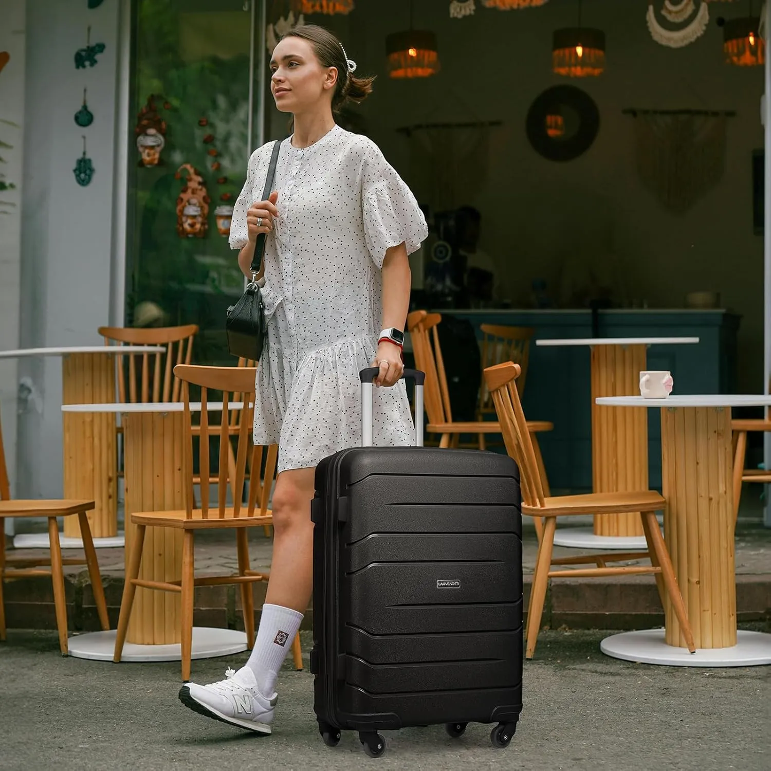 LARVENDER Luggage Sets 5 Piece, Expandable Luggage Hardside PP Suitcase Sets with Spinner Wheels TSA Lock, Lightweight Rolling Suitcase for Men and Women,Black