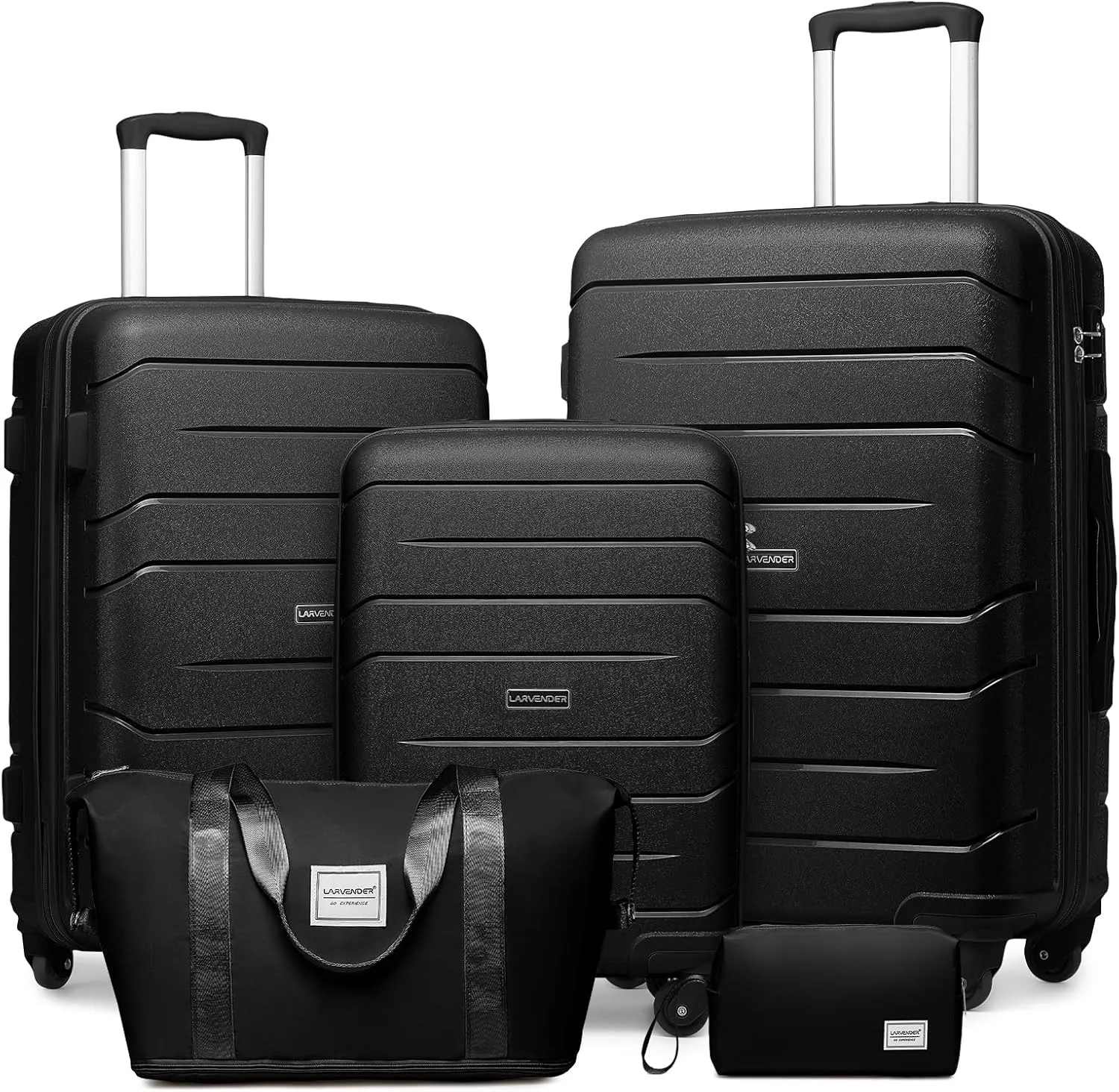 LARVENDER Luggage Sets 5 Piece, Expandable Luggage Hardside PP Suitcase Sets with Spinner Wheels TSA Lock, Lightweight Rolling Suitcase for Men and Women,Black