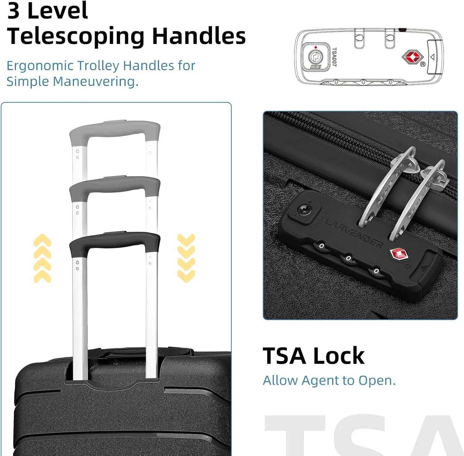 LARVENDER Luggage Sets 5 Piece, Expandable Luggage Hardside PP Suitcase Sets with Spinner Wheels TSA Lock, Lightweight Rolling Suitcase for Men and Women,Black