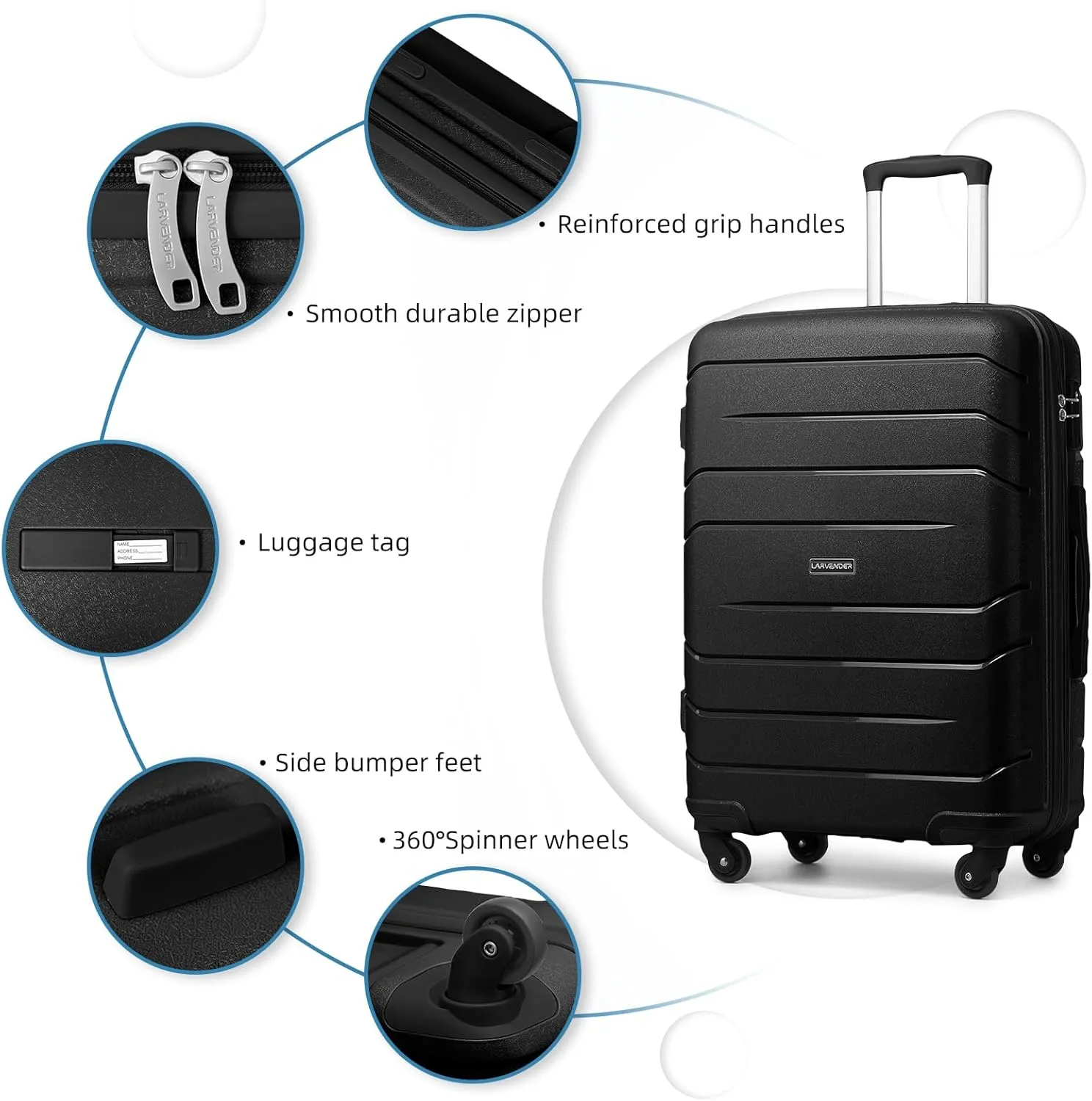 LARVENDER Luggage Sets 5 Piece, Expandable Luggage Hardside PP Suitcase Sets with Spinner Wheels TSA Lock, Lightweight Rolling Suitcase for Men and Women,Black