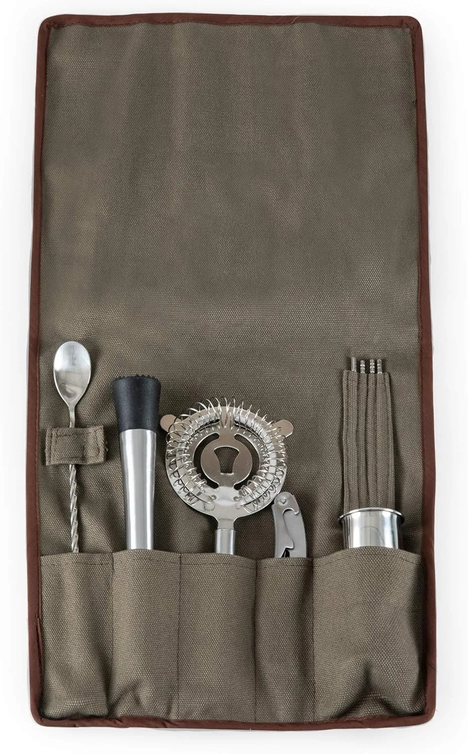 LEGACY - a Picnic Time brand 10-Piece Bar Tool Roll Up Kit, Mixology Bartender Travel Set with Cocktail Accessories, (Khaki)